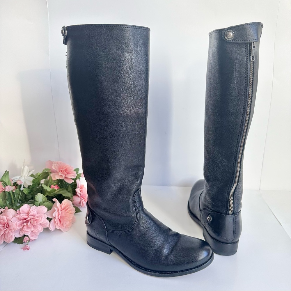 FRYE Melissa Button Back Zip Black Leather Knee High Boots